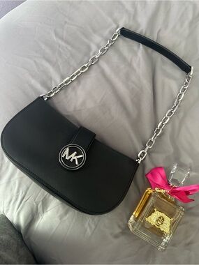Michael Kors Black Leather Shoulder Bag with Silver-Tone Chain Strap